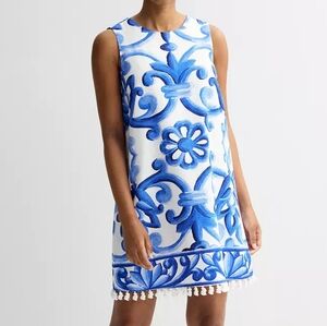 FARMERS MARKET Sleeveless Pom Pom Trim Shift Dress, size M